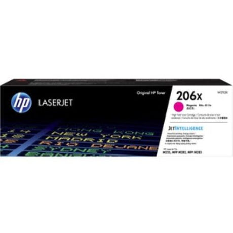 HP 206X High Yield Magenta Toner Cartridge for Color LaserJet Pro, produces 2450 pages of vibrant, professional prints.