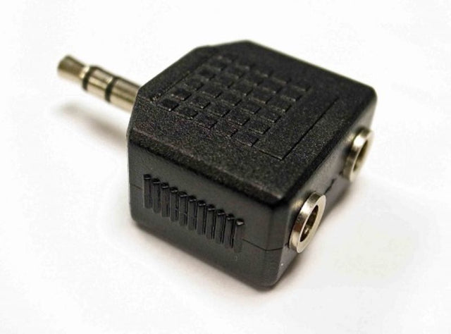 Blue 3.5mm to dual RCA stereo jack adapter for connecting Hi-Fi music players or amplifiers.