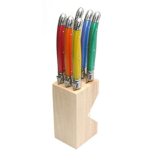 Set of 6 colorful Laguiole steak knives with stainless steel blades, featuring the iconic bee design, in a wooden canteen.