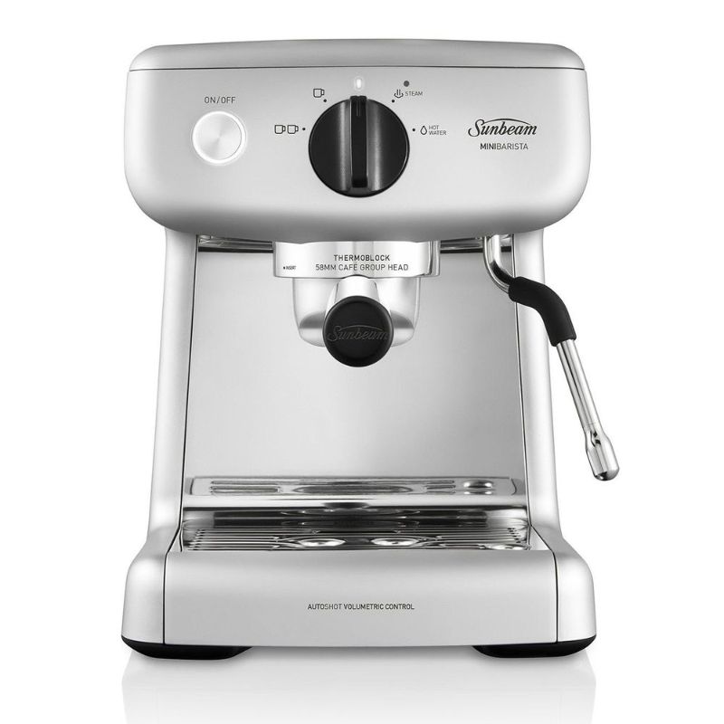 Sleek silver Sunbeam Mini Barista Espresso Machine with 15-bar pump, 2L tank, and included accessories for home brewing.