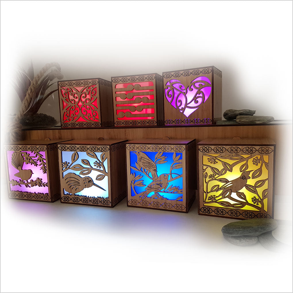 Koru LED tealight candle box in bamboo with color-changing LED, ideal for décor, wall-mounted, and eco-friendly ambiance.