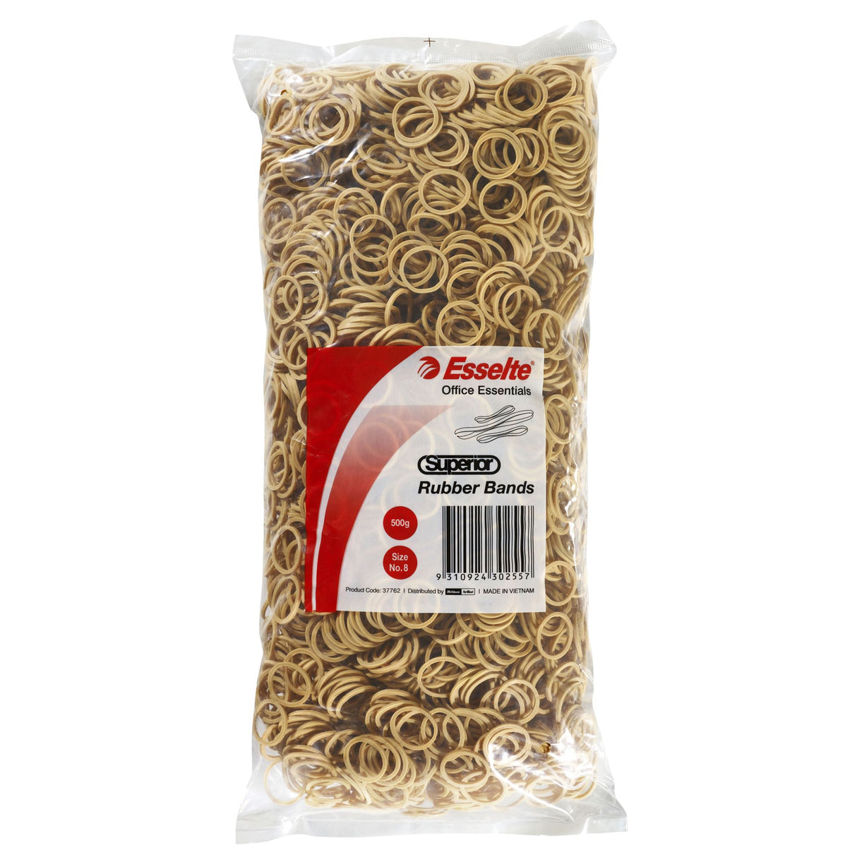 Esselte Superior Rubberbands Size 8 in a 500gm bag, crafted from natural rubber for strength and versatility in organization.