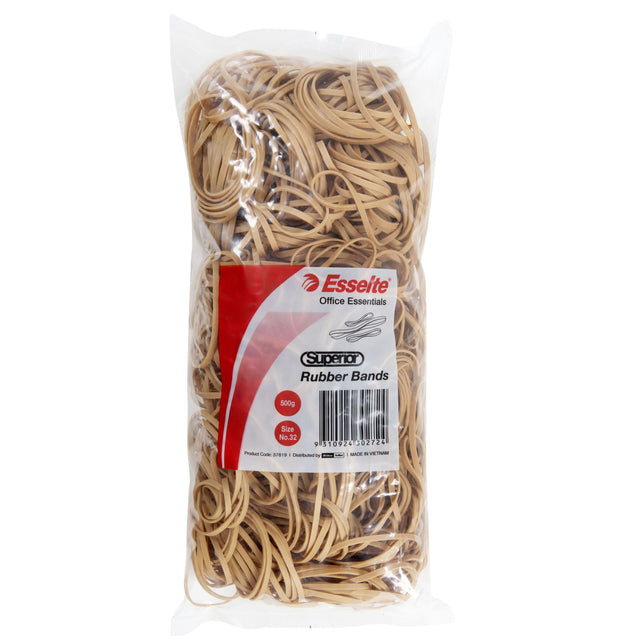 Esselte Superior Rubberbands Size 32 in a 500g bag, expertly crafted for strength, elasticity, and versatility in bundling.