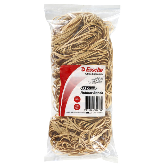 Esselte Superior Rubberbands Size 34 in a 500gm bag, made from durable natural rubber for versatile organization and binding.