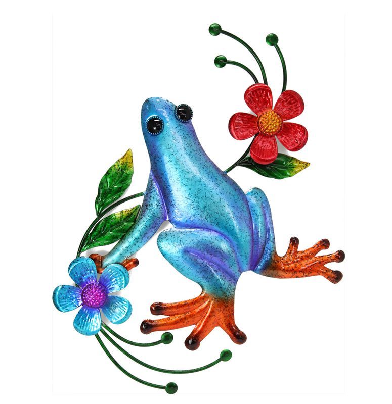 Wall Art - Metal Blue Frog w/Flowers (60cm)
