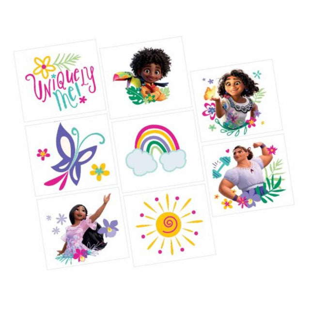 Pack of 8 enchanting temporary tattoos inspired by Disney's Encanto, featuring vibrant designs and favorite characters.