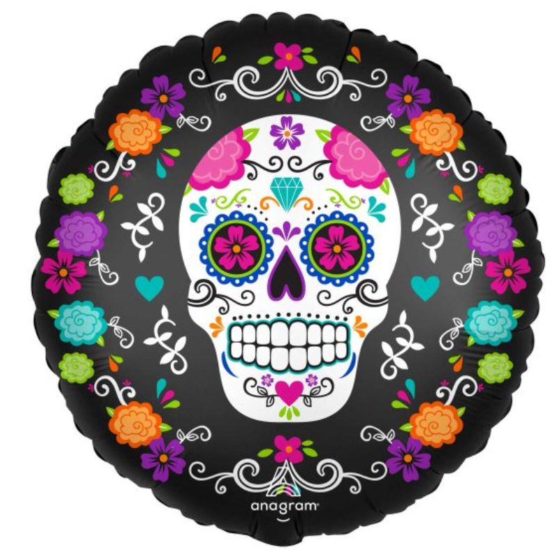 45cm satin foil balloon featuring a colorful sugar skull and marigolds, perfect for celebrations and cultural events.
