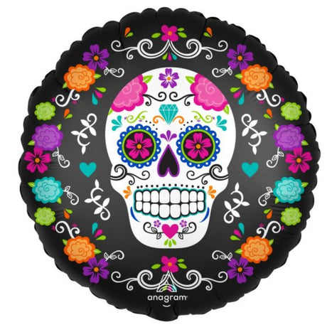 45cm satin foil balloon featuring a colorful sugar skull and marigolds, perfect for celebrations and cultural events.