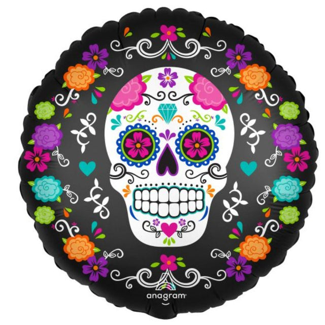 45cm satin foil balloon featuring a colorful sugar skull and marigolds, perfect for celebrations and cultural events.