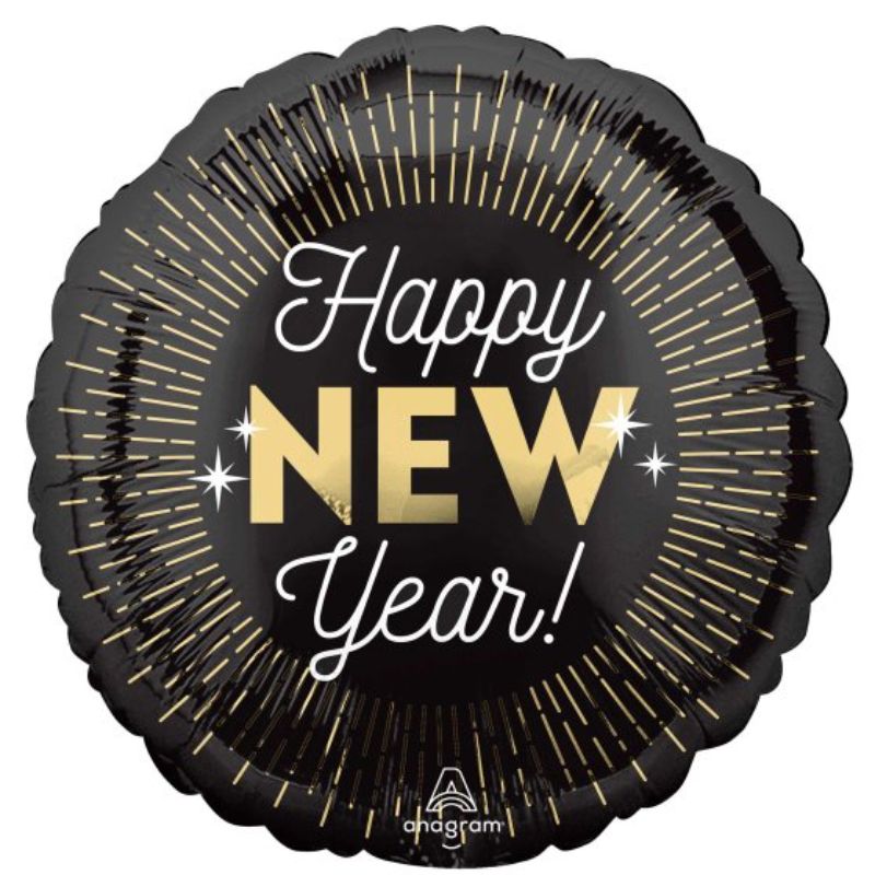 45cm self-sealing foil balloon with elegant Happy New Year design for festive celebrations and decoration.