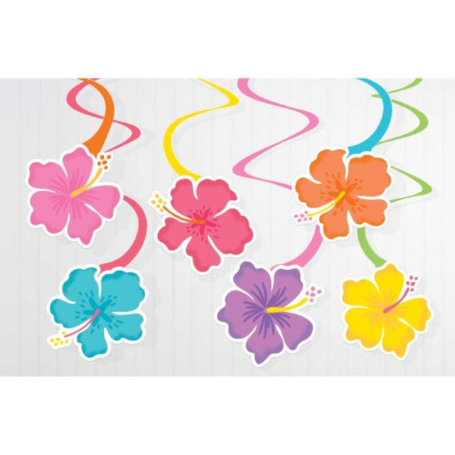 Colorful 14cm hibiscus spiral swirls hanging decorations, perfect for summer parties and tropical-themed events. Pack of 12.