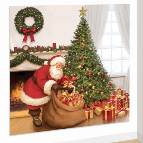 Santa Claus Scene Setters wall kit featuring vibrant Santa designs, perfect for transforming spaces into festive holiday decor.