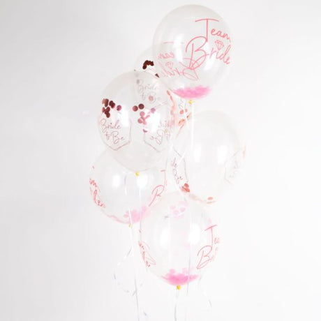 Pack of 6 vibrant Team Bride 30cm latex balloons with shimmering confetti for bridal celebrations and bachelorette parties.