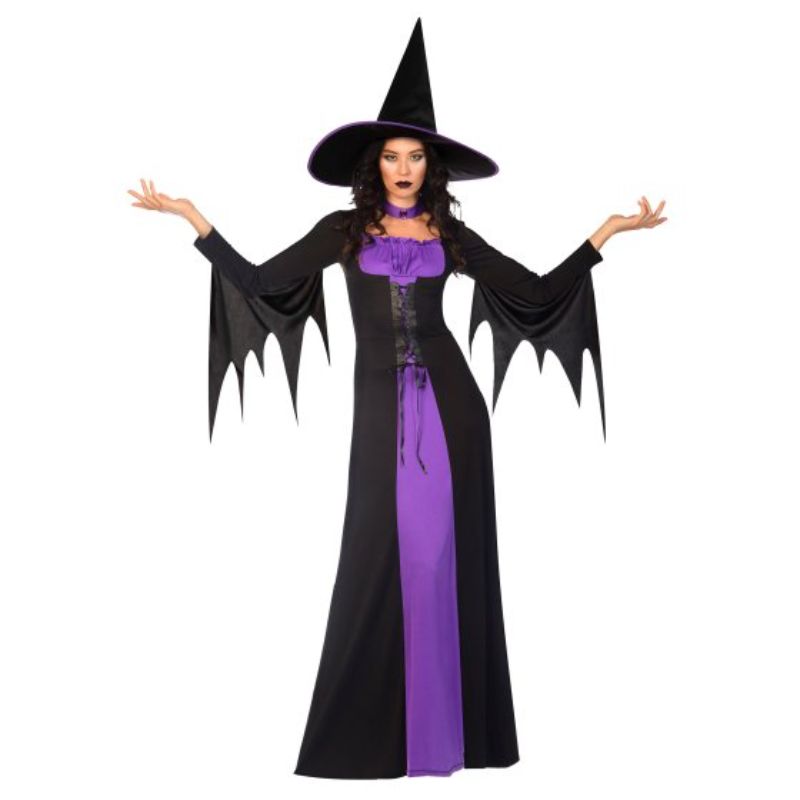 Plus-size women's witch costume with black dress, choker, and hat, perfect for Halloween parties and events.
