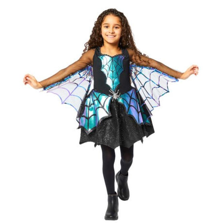 Vibrant Spider Girl costume for ages 8-10 with striking web pattern and attached wings, perfect for dress-up and Halloween fun.