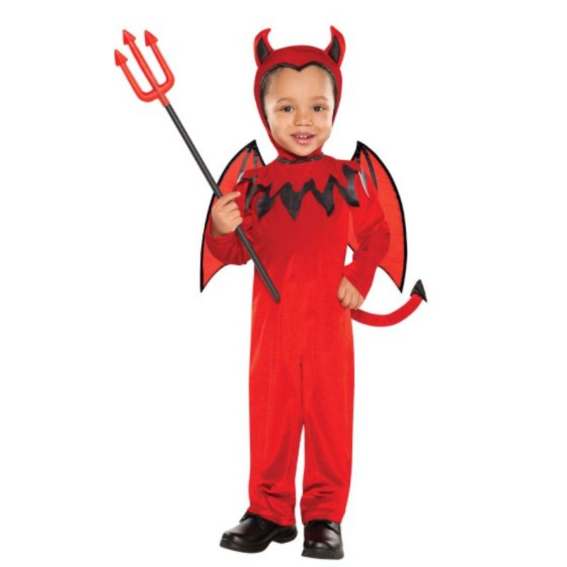 Red devil costume for toddlers with hood, horns, wings, and tail, perfect for Halloween and dress-up play.