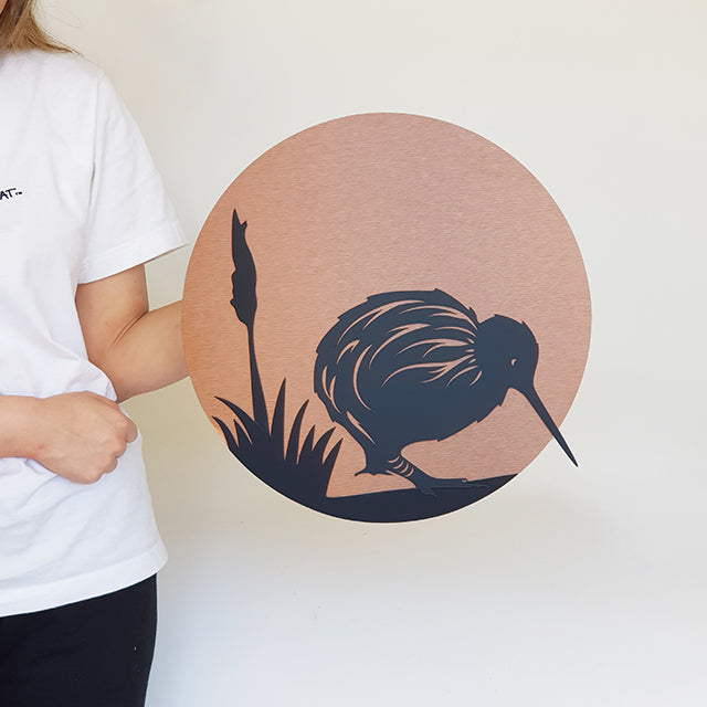 Wall Art - Copper Circle Kiwi 37cm (Brushed Copper/Black Acrylic)