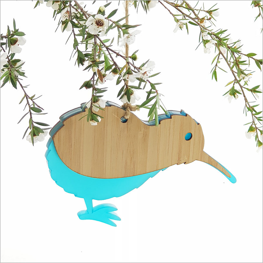 Hanging Ornament - Kiwi (Bamboo & Satin Teal Acrylic)