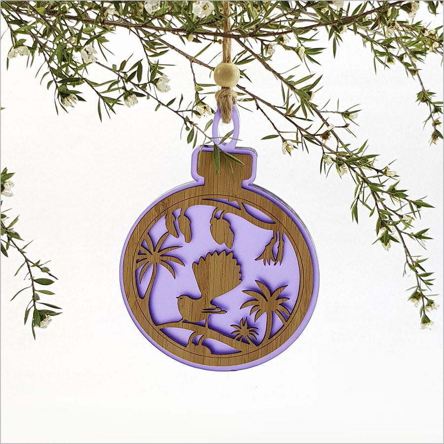 Hanging Ornament - Acrylic Bauble Fantail on Kowhai (Purple Satin Acrylic)