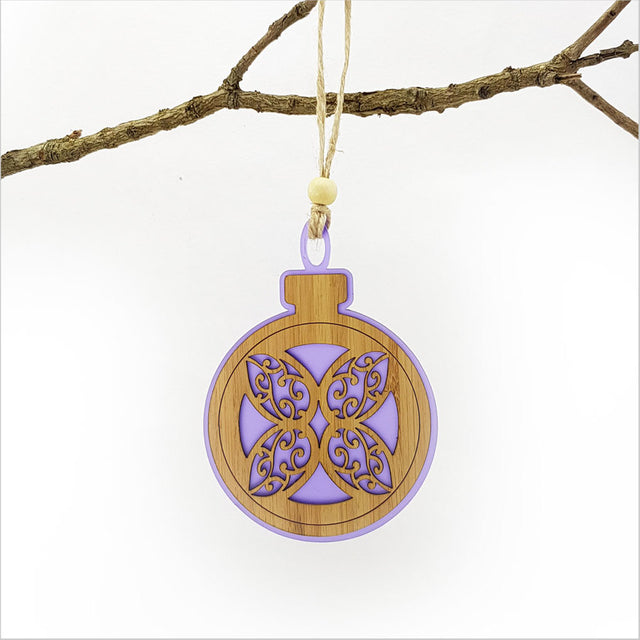Purple satin acrylic hanging ornament featuring a floral design, perfect for festive decor or special occasions.