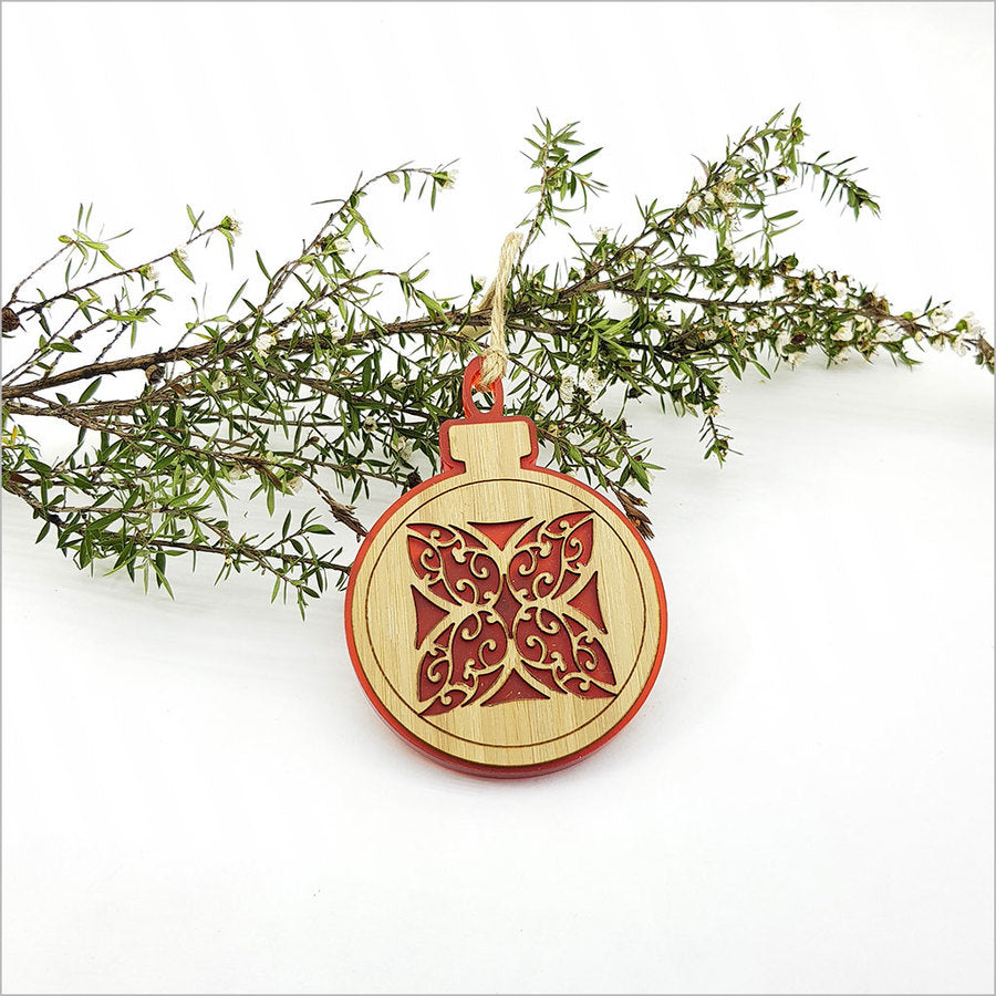Red satin acrylic hanging ornament featuring an intricate flower design, perfect for festive decor and gift-giving.