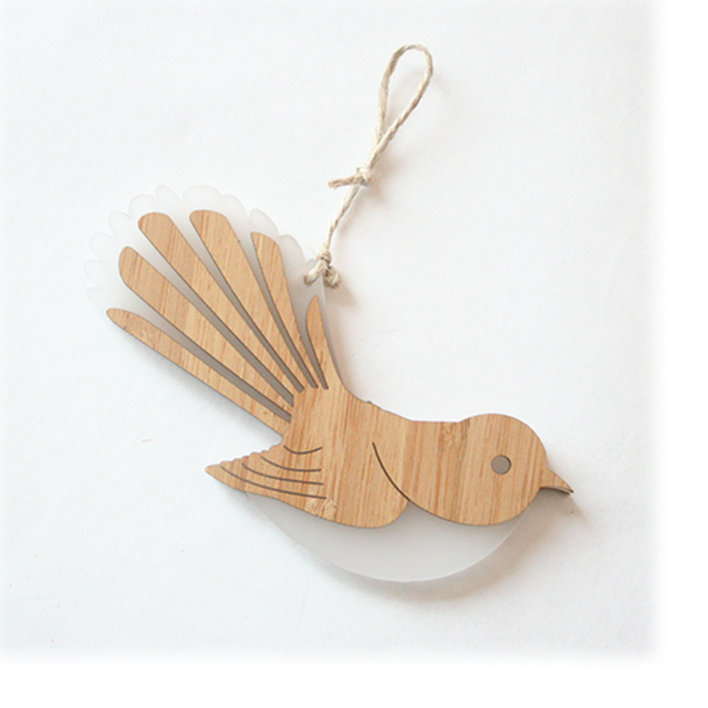 Elegant bamboo and white satin acrylic fantail ornament, perfect for home décor and gifting, measuring 126mm x 90mm.