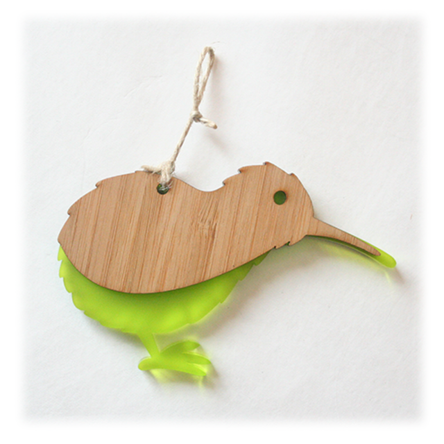 Eco-friendly kiwi ornament in lime green acrylic, perfect for home decor and gifting, size 139mm x 93mm.