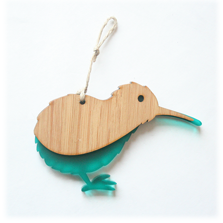 Hanging Ornament - Kiwi (Bamboo & Satin Teal Acrylic)