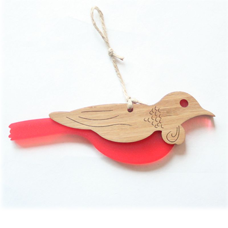 Elegant Tui Hanging Ornament in bamboo and red satin acrylic, showcases New Zealand wildlife, perfect decor gift.