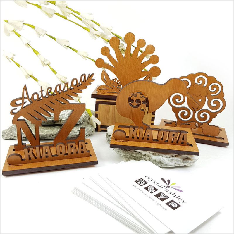 Rimu Sheep Card Holder, 9cm; laser-cut New Zealand veneer with whimsical sheep design for elegant card organization.