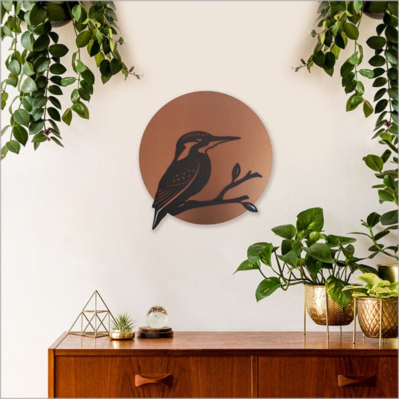 Wall Art - Copper Circle Kingfisher 37cm (Brushed Copper/Black Acrylic)