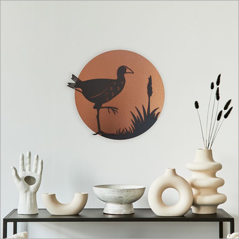 Wall Art - Copper Circle Pukeko 37cm (Brushed Copper/Black Acrylic)