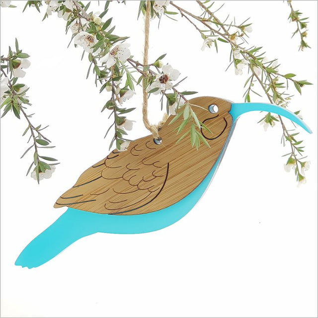 Teal ice acrylic and bamboo hanging ornament, eco-friendly, laser-cut design, 165mm x 98mm, stylish home decor piece.