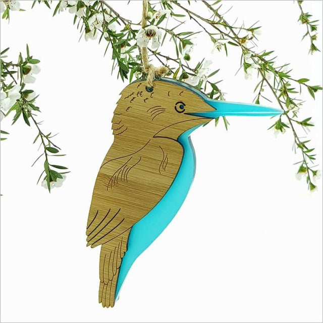 Teal ice acrylic and bamboo kingfisher hanging ornament, lightweight and ready to add charm to any decor.