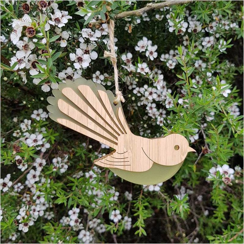 Hanging Ornament - Fantail (Bamboo & Yellow Satin Acrylic)