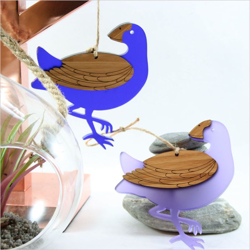 Hanging Ornament - Pukeko (Bamboo & Blue Satin Acrylic)