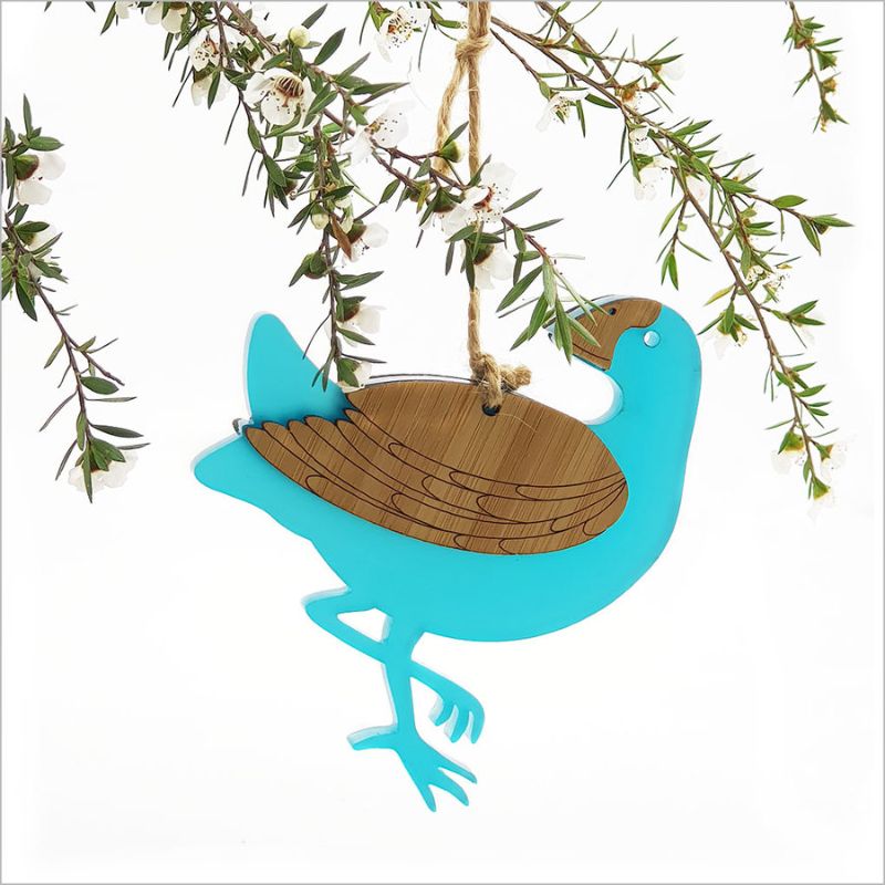 Teal satin acrylic and bamboo ornament shaped like a Pukeko bird, perfect for home decor and gifting.