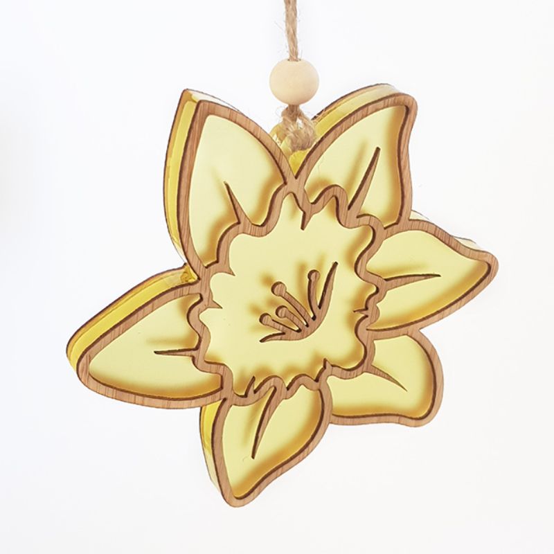 Hanging Daffodil Ornament in bamboo and yellow satin acrylic, measuring 97mm x 100mm, ideal for eco-friendly decor.
