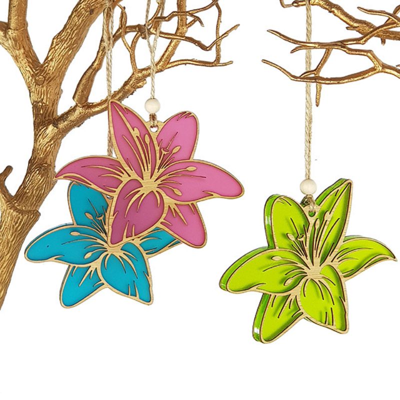 Purple satin acrylic hanging ornament shaped like an elegant lily, perfect for decoration or gifting.