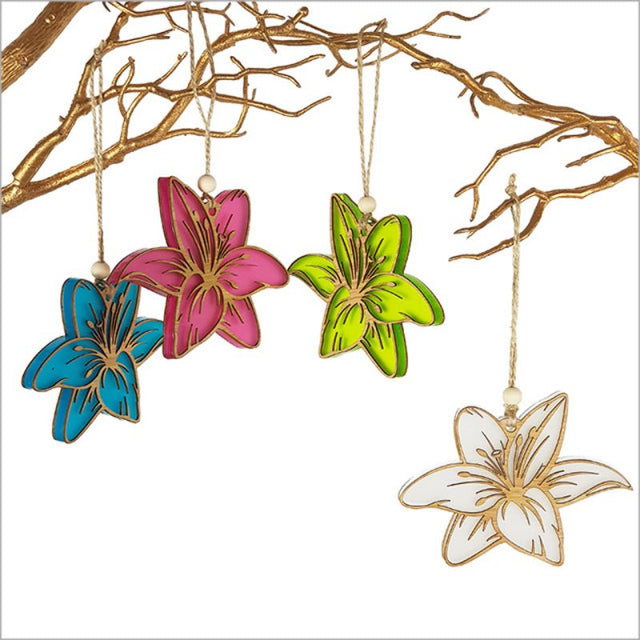 Purple satin acrylic hanging ornament shaped like a lily, elegantly crafted and ready to hang for versatile decor.