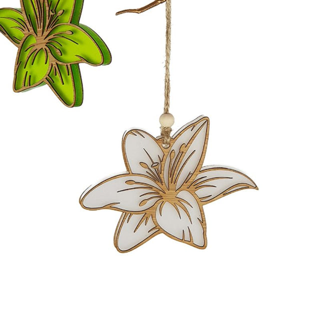 Lime green satin acrylic hanging ornament in lily design, perfect for festive decor and thoughtful gifts.