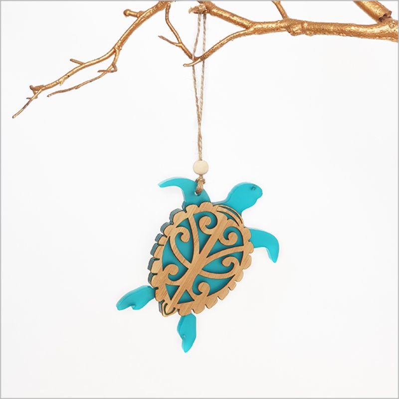 Hanging Ornament - Turtle (Bamboo & Teal Satin Acrylic)