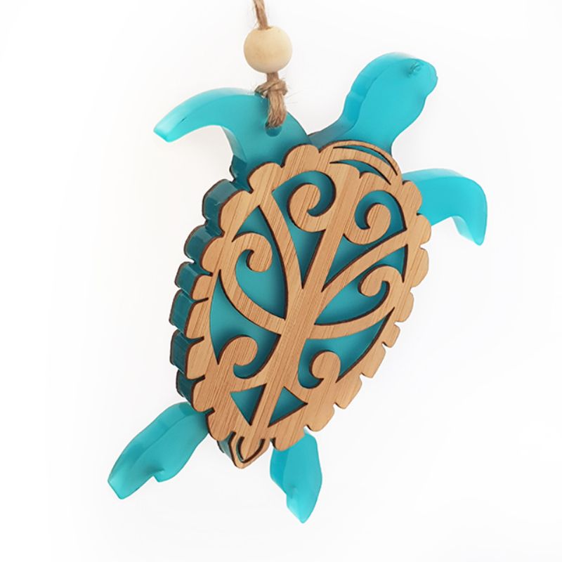 Hanging Ornament - Turtle (Bamboo & Teal Satin Acrylic)