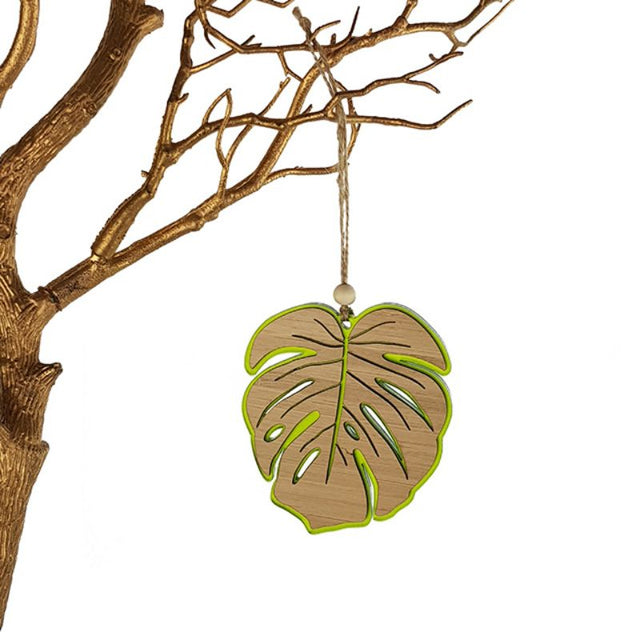 Lime green Monstera hanging ornament in satin acrylic, perfect for modern decor and plant lovers, measuring 104mm x 90mm.