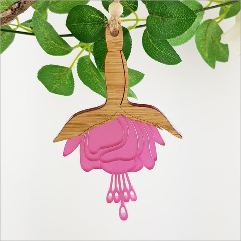 Hanging Ornament - Fuchsia Flower (Bamboo & Pink Satin Acrylic)