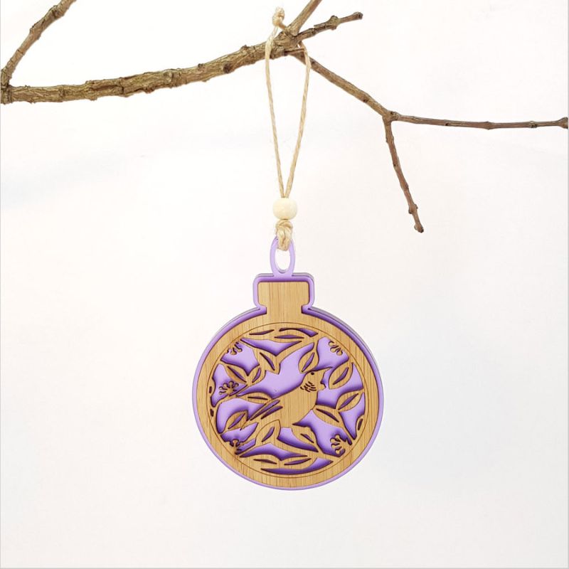 Hanging Ornament - Acrylic Bauble Tui on Pohutukawa (Purple Satin Acrylic)