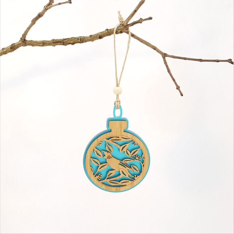 Hanging Ornament - Acrylic Bauble Tui on Pohutukawa (Teal Satin Acrylic)