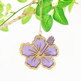 Purple satin acrylic hanging ornament shaped like a hibiscus flower, featuring intricate laser cut details.