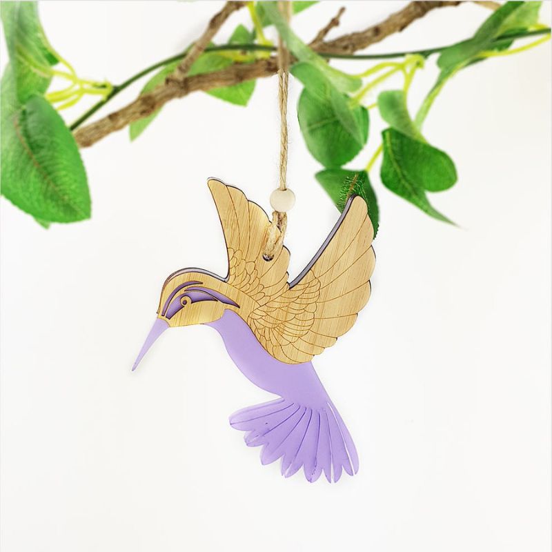 Purple satin acrylic hummingbird ornament, laser-cut bamboo, ready to hang, perfect for home decor or gifting.