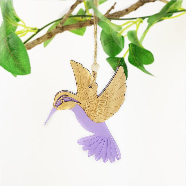 Purple satin acrylic hummingbird ornament, laser-cut bamboo, ready to hang, perfect for home decor or gifting.